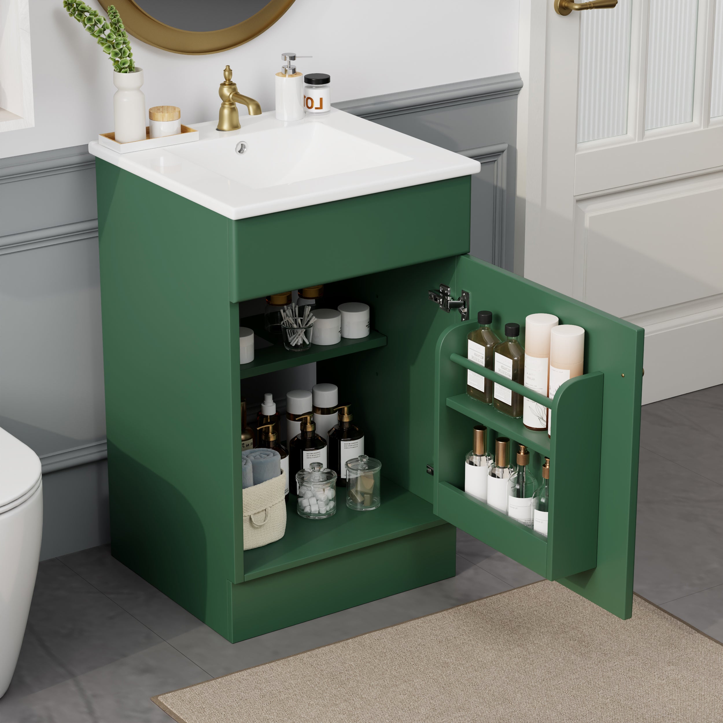 20 Bathroom Vanity With Sink, Vanity Cabinet With Door Shelf And Adjustable Shelf, Green