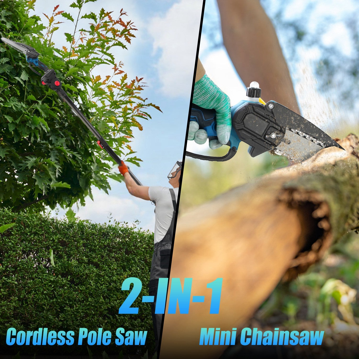 1Pc 2 In 1 8in Cordless Electric Pole Saw And Mini Chainsaw With Extension Poles 2Pcs 21V 3.0Ah Batteries Adjustable Length Chain Saw With Auto Oiler
