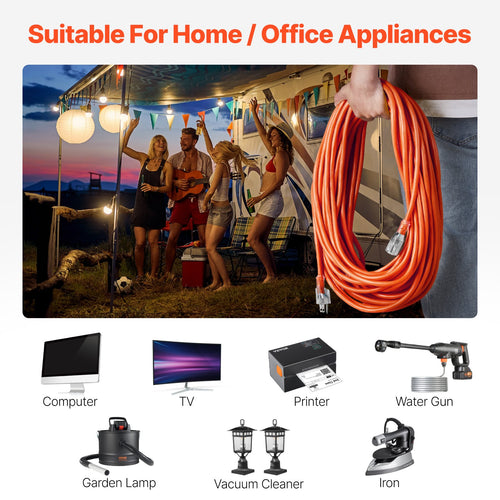 100FT Heavy Duty Extension Cord 16AWG 10A 1250W 3 Prongs With Lighted End