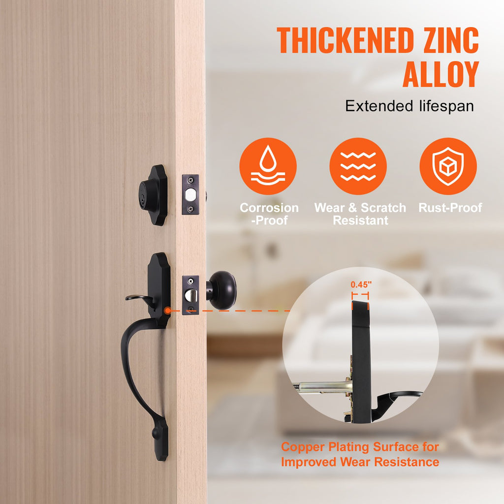 Front Door Handle And Deadbolt Set, Matte Black Front Door Lock Set With Interior Knob,  Adjustable Hole Spacing Single Cylinder Handleset, For Right And Left Handed Entrance And Front Door