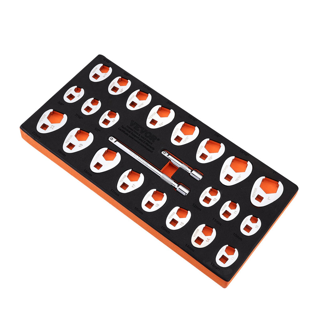 3/8" Drive Crowfoot Wrench Set With 2 Extension Bars, 24-Piece Crows Foot Wrench Set, SAE  3/8"-1" And Metric 10-22 Mm, CR-MO Steel Crowfoot Wrench Set, With EVA Tool Organizer