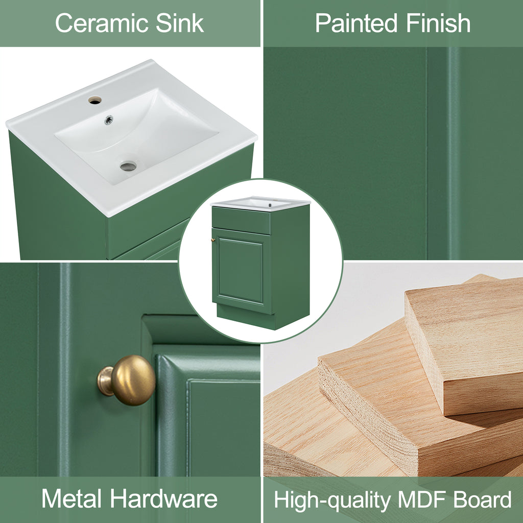 20 Bathroom Vanity With Sink, Vanity Cabinet With Door Shelf And Adjustable Shelf, Green