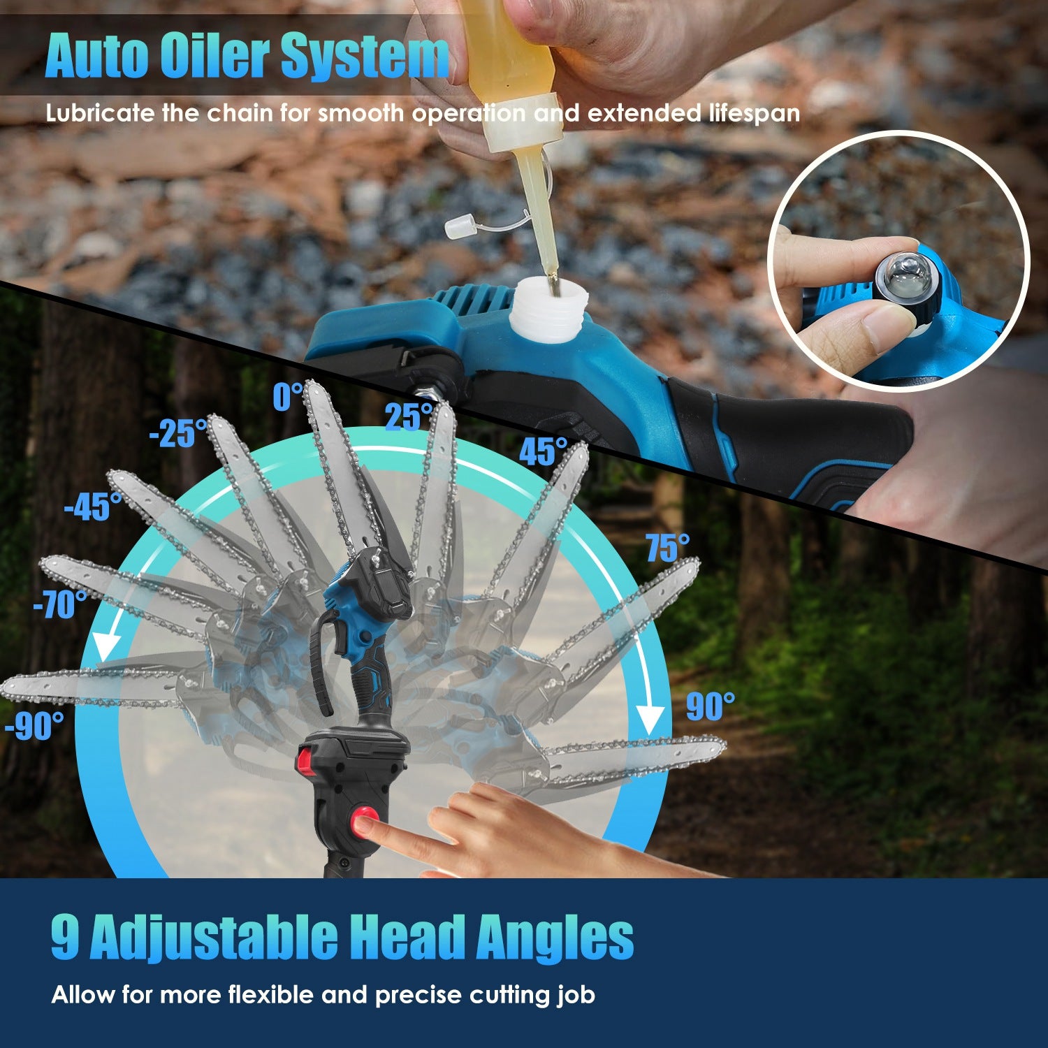 1Pc 2 In 1 8in Cordless Electric Pole Saw And Mini Chainsaw With Extension Poles 2Pcs 21V 3.0Ah Batteries Adjustable Length Chain Saw With Auto Oiler