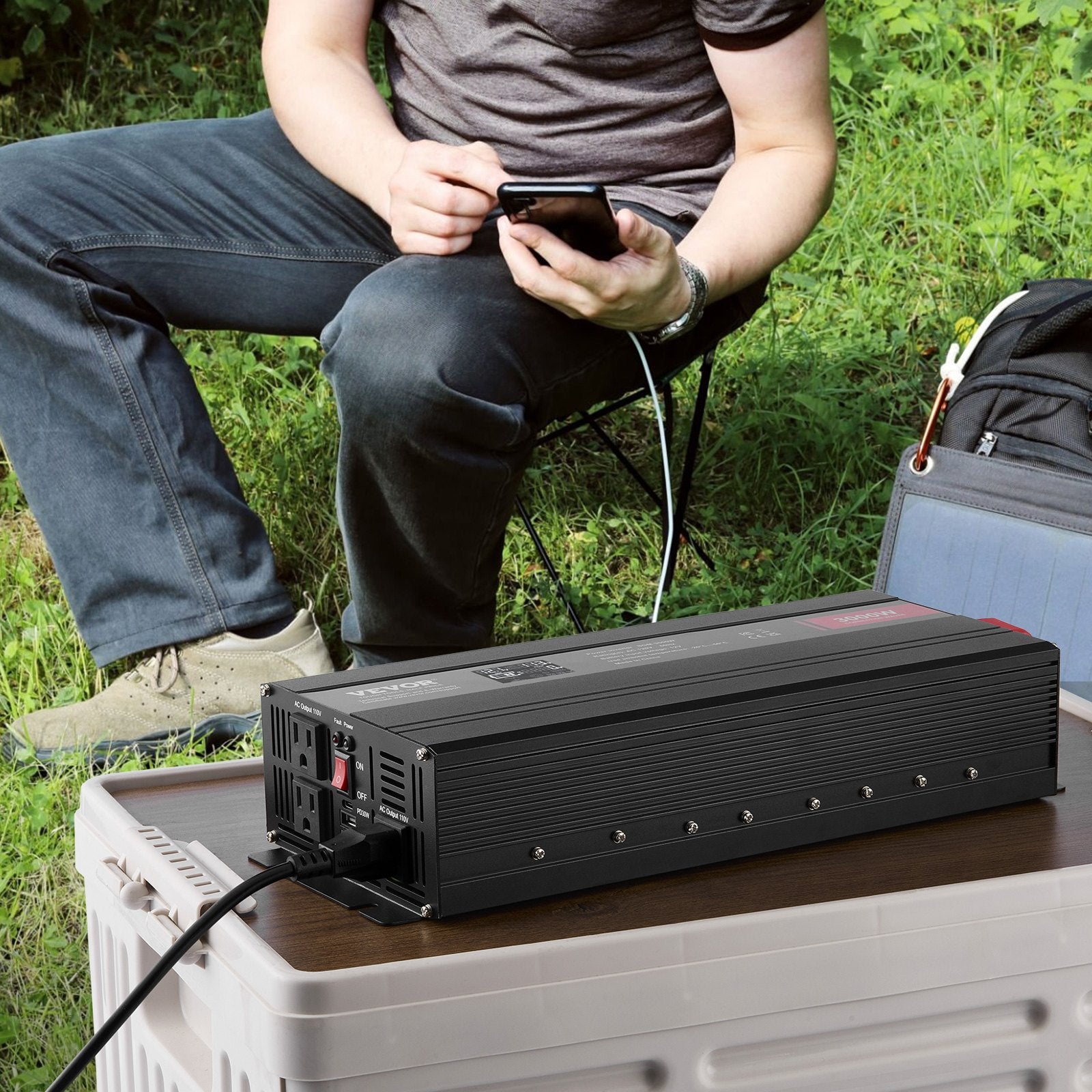 Modified Sine Wave Inverter, 3000Watt, DC 12V To AC 120V LCD Display Power Inverter With 3 AC Outlets 2 USB Port 1 Type-C Port 10 Spare Fuses, For Large Household Equipment, CE FCC Certified