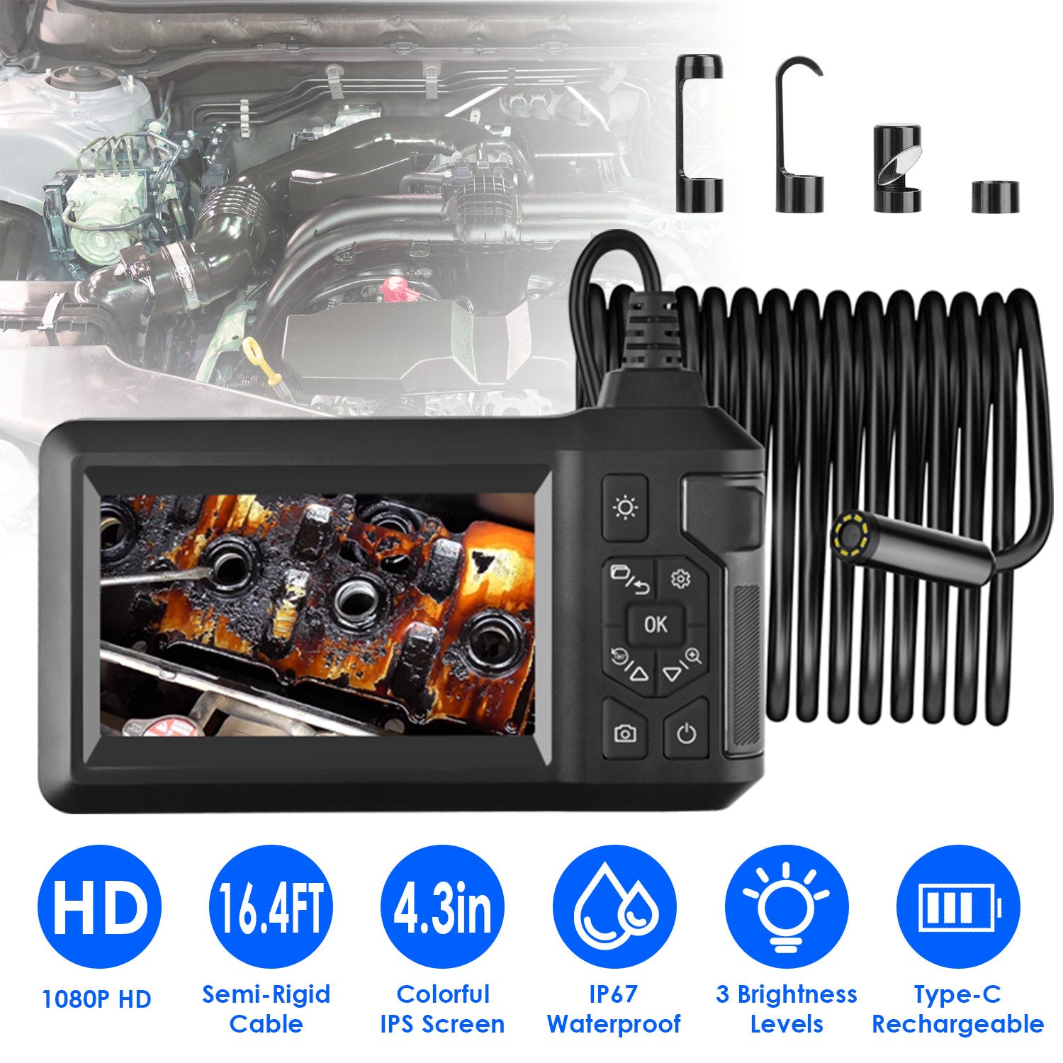 1Pc 1080P Endoscope Camera With 8 LED Light 8mm Borescope Inspection Camera 4.3in Colorful Screen IP67 Waterproof 16.4FT Semi-Rigid Cord Handheld Snake Camera