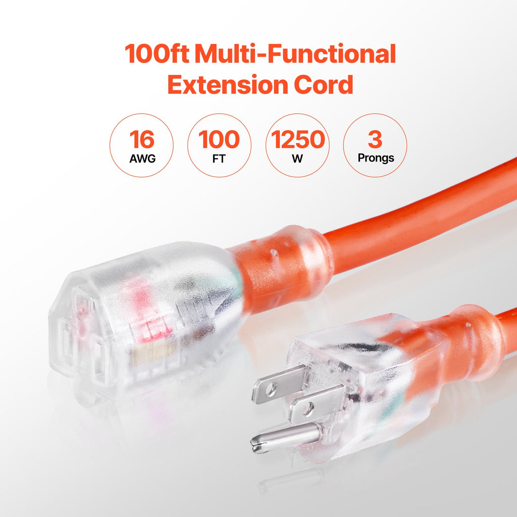 100FT Heavy Duty Extension Cord 16AWG 10A 1250W 3 Prongs With Lighted End