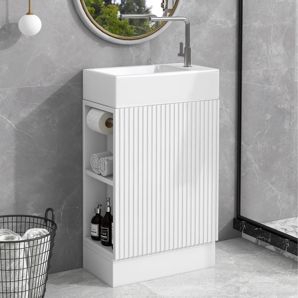 18.6 Bathroom Vanity With Sink, Bathroom Vanity Cabinet With Two-tier Shelf, Left Or Right Orientation, White