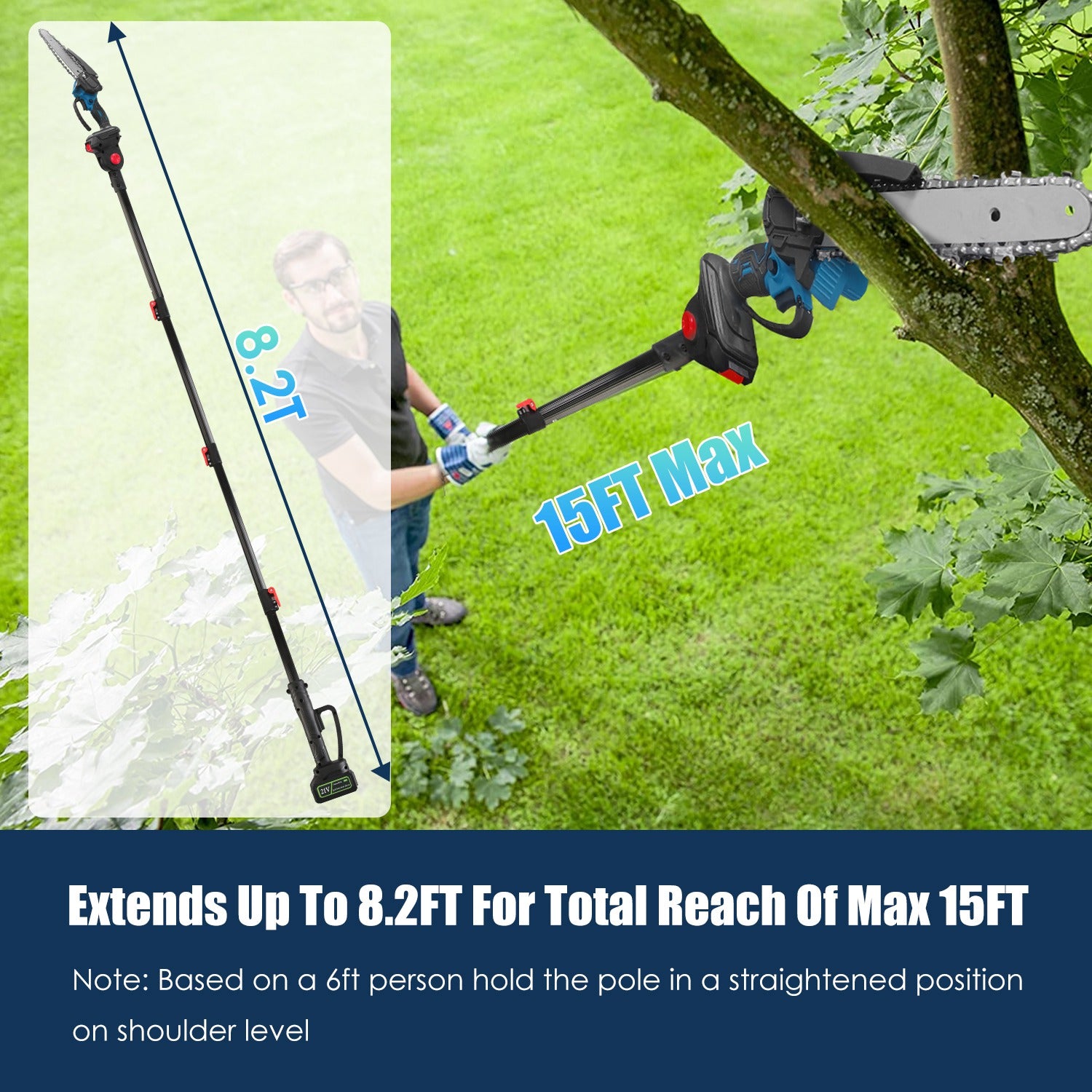 1Pc 2 In 1 8in Cordless Electric Pole Saw And Mini Chainsaw With Extension Poles 2Pcs 21V 3.0Ah Batteries Adjustable Length Chain Saw With Auto Oiler