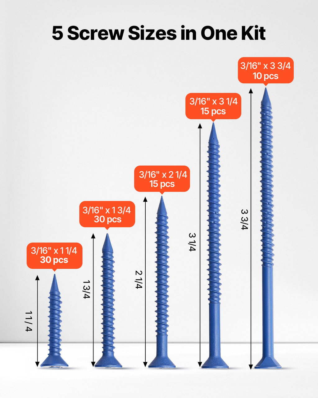 Concrete Screws Masonry Screws 3/16 Inch 100 PCS 5 Lengths Phillips Head