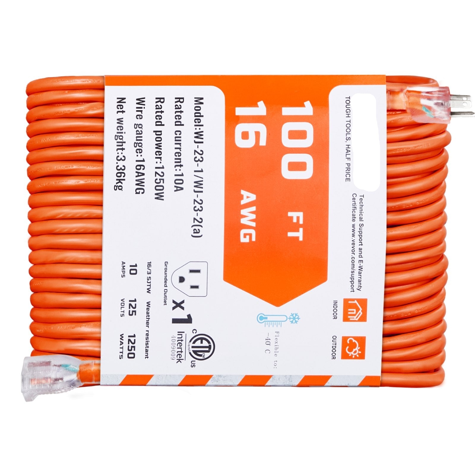 100FT Heavy Duty Extension Cord 16AWG 10A 1250W 3 Prongs With Lighted End