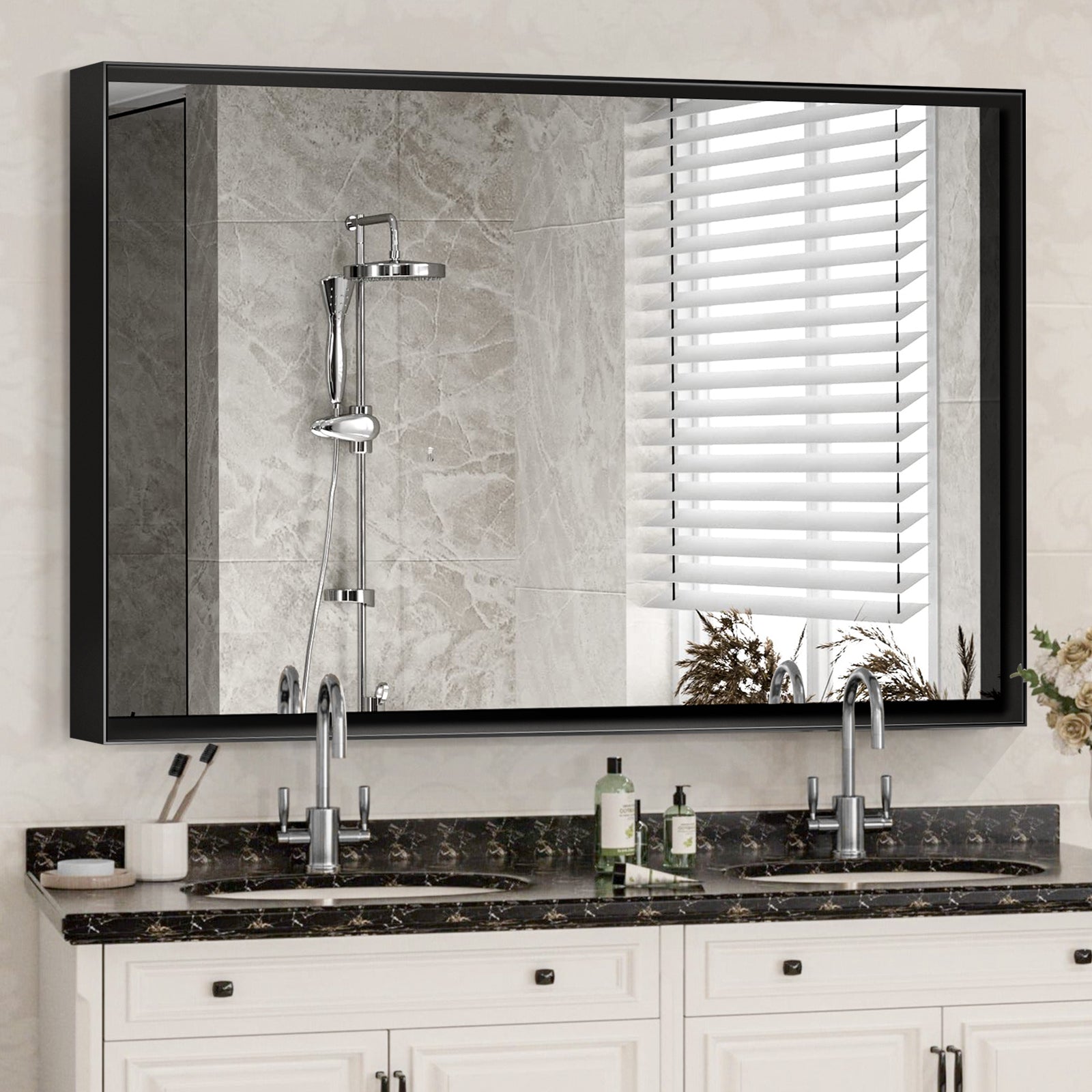 40x30 Inch Glossy Black Bathroom Mirror Wall Rectangular Vanity Mirror
