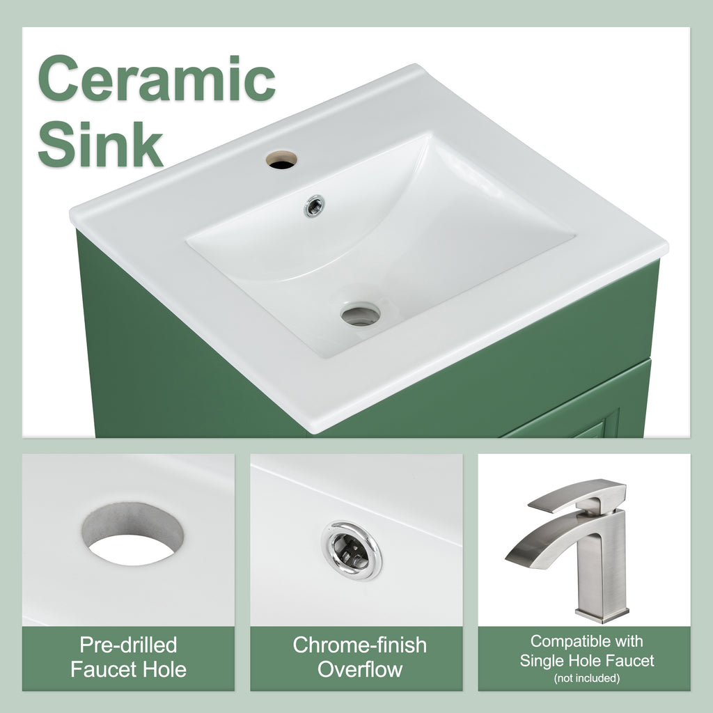 20 Bathroom Vanity With Sink, Vanity Cabinet With Door Shelf And Adjustable Shelf, Green