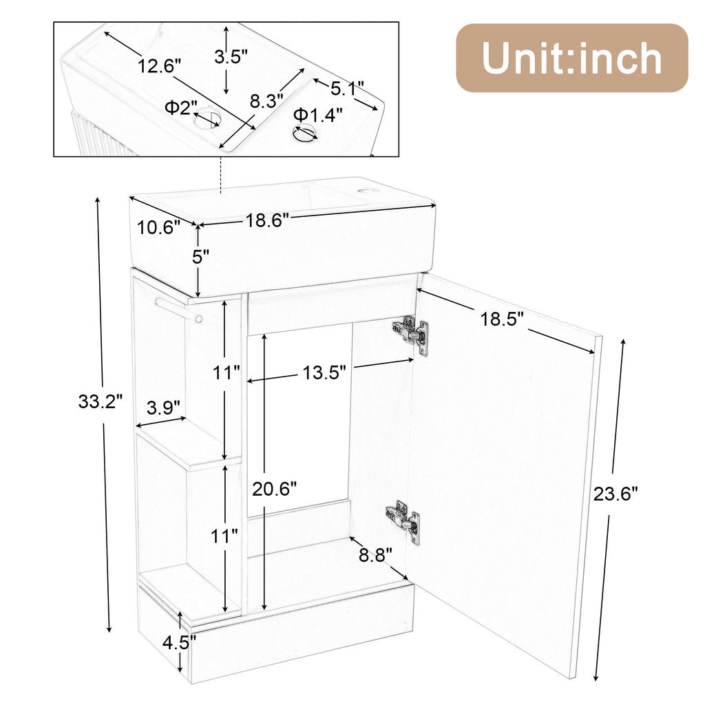 18.6 Bathroom Vanity With Sink, Bathroom Vanity Cabinet With Two-tier Shelf, Left Or Right Orientation, White
