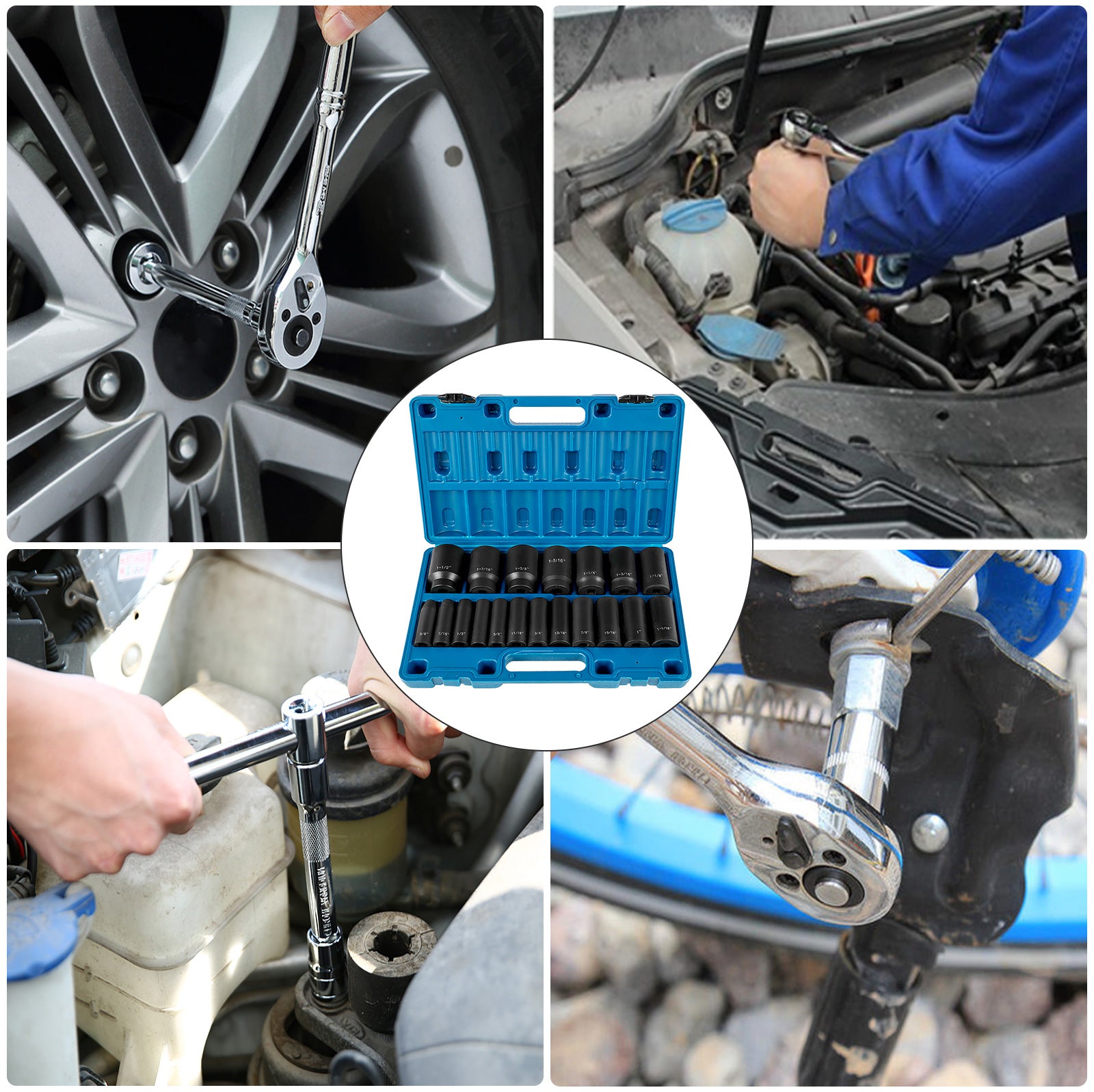 VEVOR Impact Socket Set 19 Piece Impact Sockets, Deep Socket, 6-Point Sockets, Rugged Construction, Cr-V, With A Storage Cage