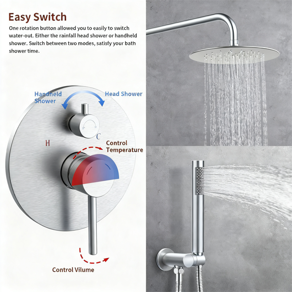 Shower System Shower Faucet Combo Set Wall Mounted With 10" Rainfall Shower Head And Handheld Shower Faucet, Brushed Nickel