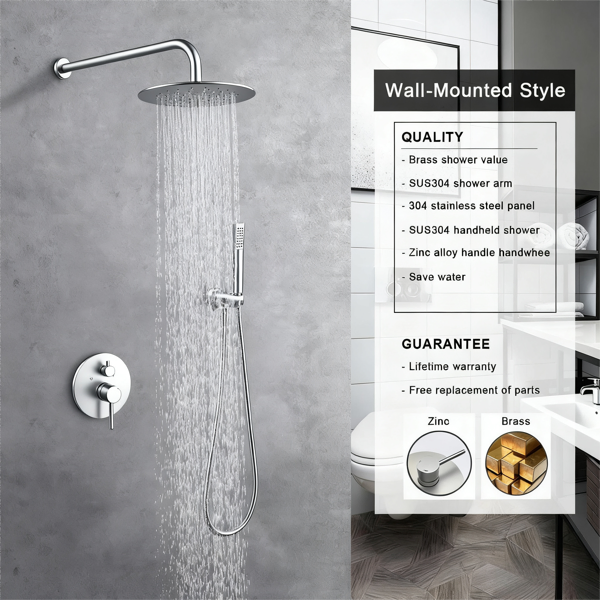 Shower System Shower Faucet Combo Set Wall Mounted With 10" Rainfall Shower Head And Handheld Shower Faucet, Brushed Nickel