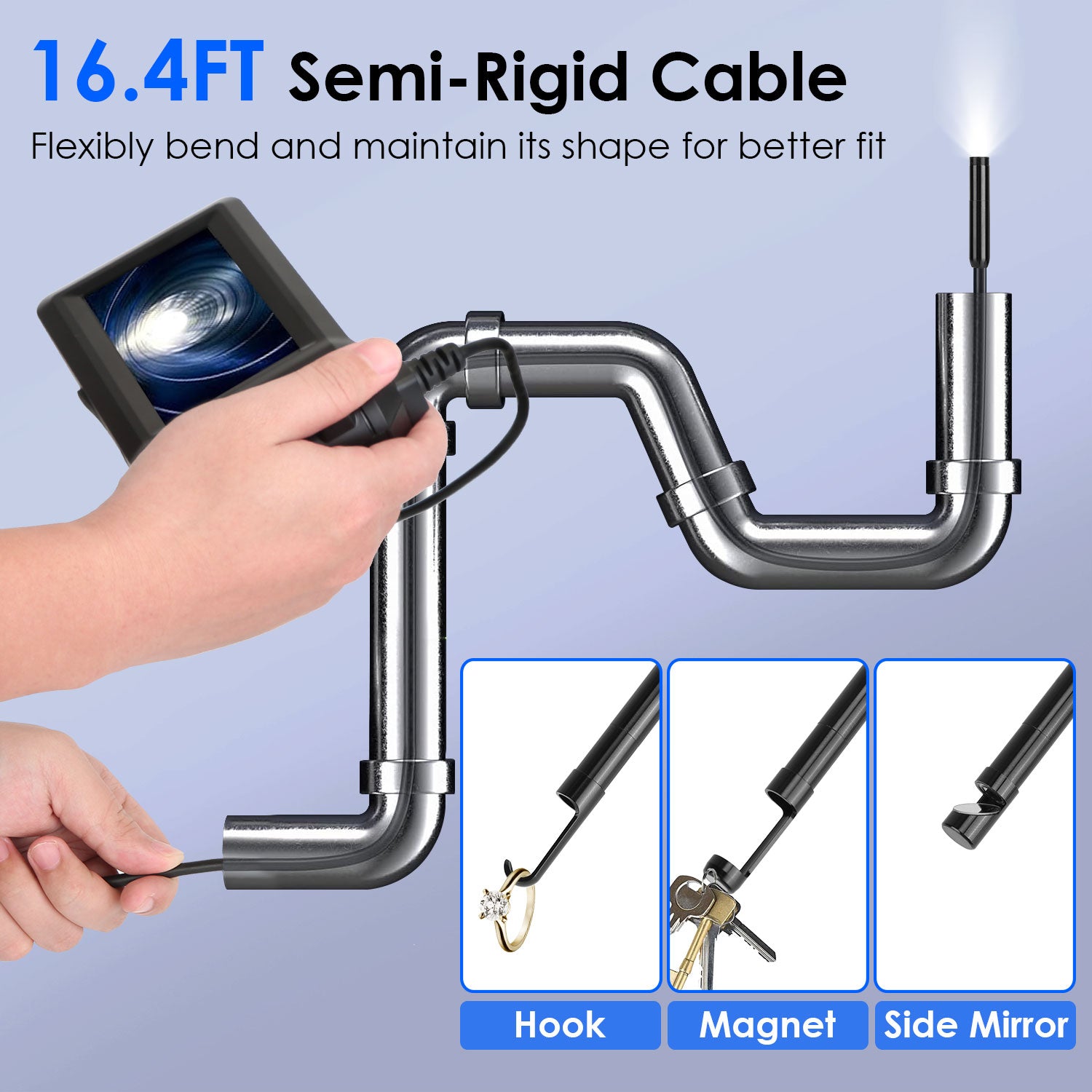 1Pc 1080P Endoscope Camera With 8 LED Light 8mm Borescope Inspection Camera 4.3in Colorful Screen IP67 Waterproof 16.4FT Semi-Rigid Cord Handheld Snake Camera