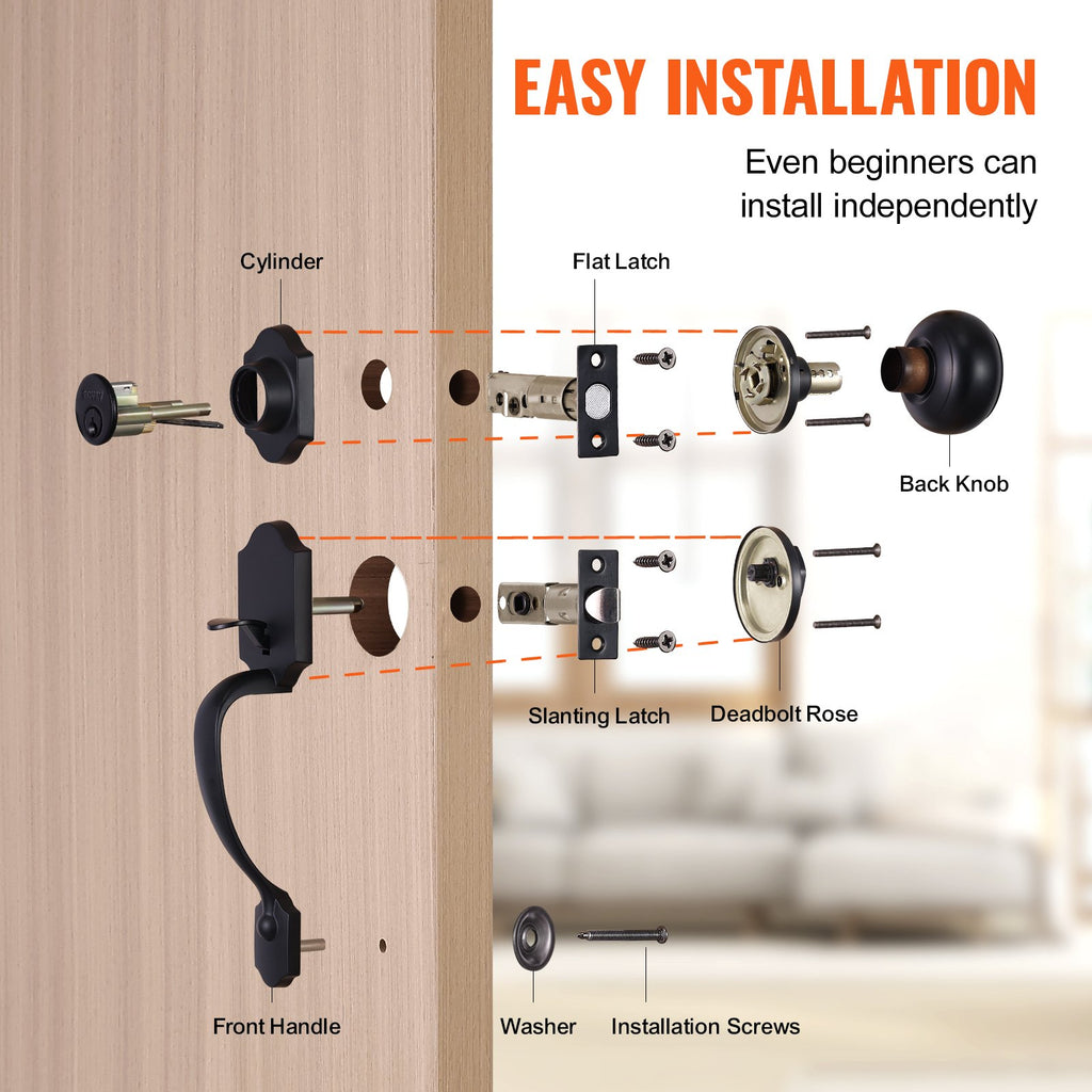 Front Door Handle And Deadbolt Set, Matte Black Front Door Lock Set With Interior Knob,  Adjustable Hole Spacing Single Cylinder Handleset, For Right And Left Handed Entrance And Front Door