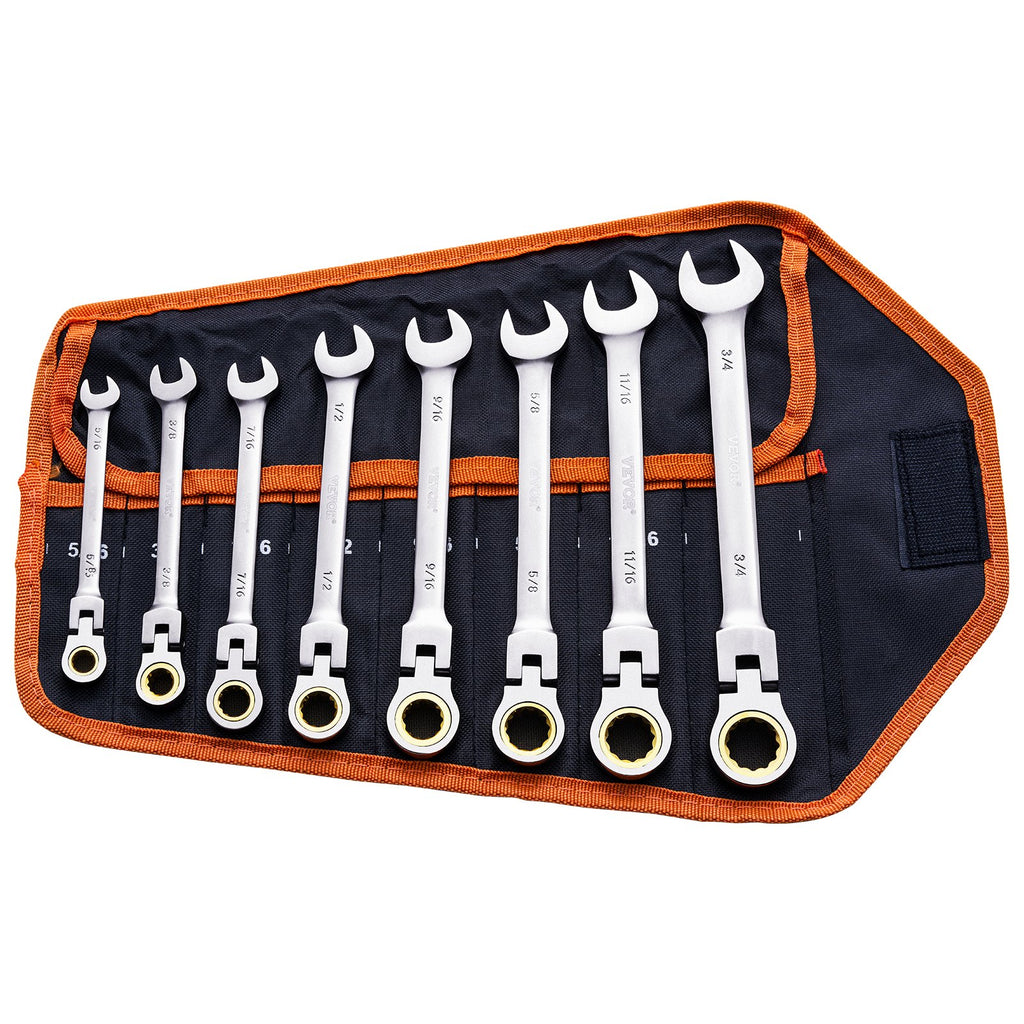 Flex-Head Ratcheting Wrench Set, 8-piece Combination Wrench Set With Roll-up Pouch, Cr-V Steel Flexible Ratcheting Wrench Set SAE 5/16" To 3/4", Ideal For General Household, Workshop, Garage