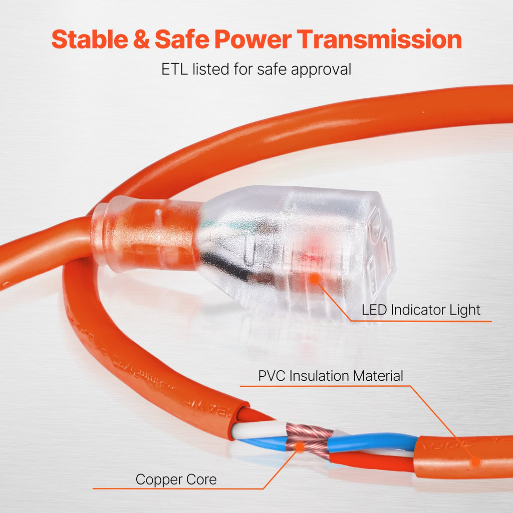 100FT Heavy Duty Extension Cord 16AWG 10A 1250W 3 Prongs With Lighted End