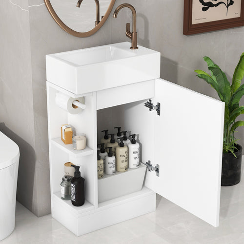 18.6 Bathroom Vanity With Sink, Bathroom Vanity Cabinet With Two-tier Shelf, Left Or Right Orientation, White